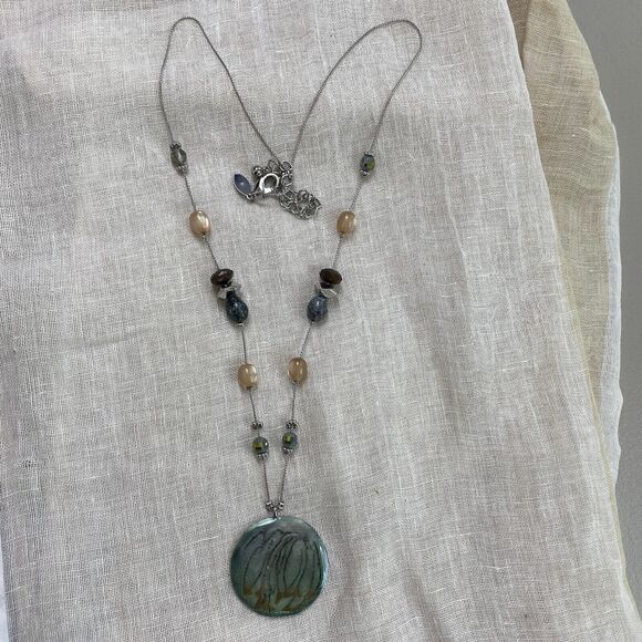 Chicos Statement Necklace Beaded Green Brown Silver Enameled Pendant Reversible - Picture 5 of 9